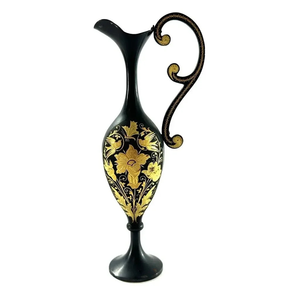 Vintage Black Gold Metal Ewer Vase Hollywood Regency Floral Bird Pitcher 7”